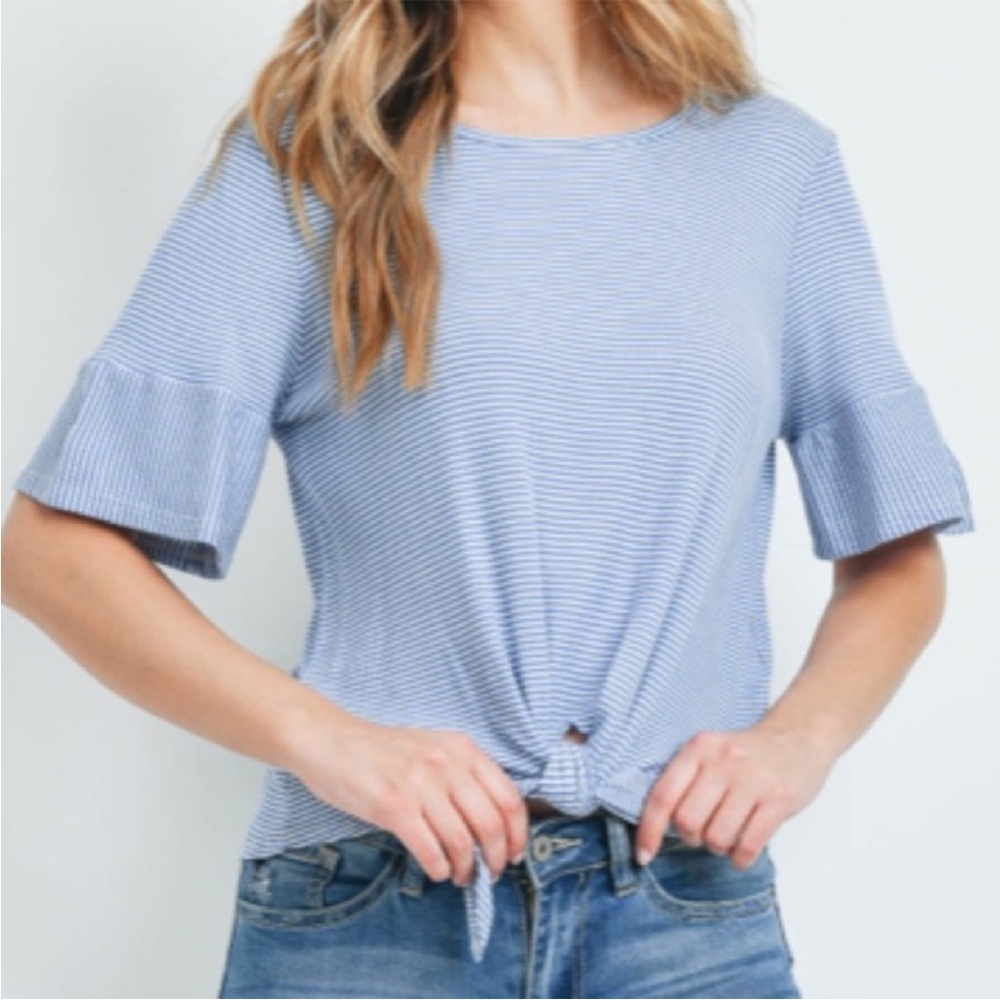 Blue & White Stripe Ruffle Sleeve Top - Picture 7 of 10